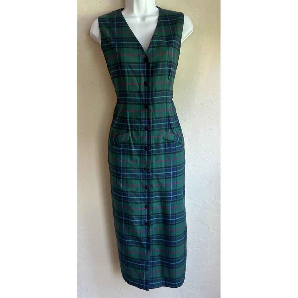 Vintage Susan Bristol Plaid Pinafore Overall Tank Midi Dress 8 P Academia Grunge
